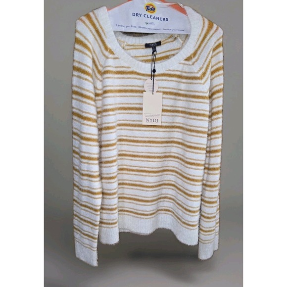 NYDJ Striped Sweater Large Honeycomb White Gold Yarn Soft Knit Boatneck NWT - Picture 4 of 5